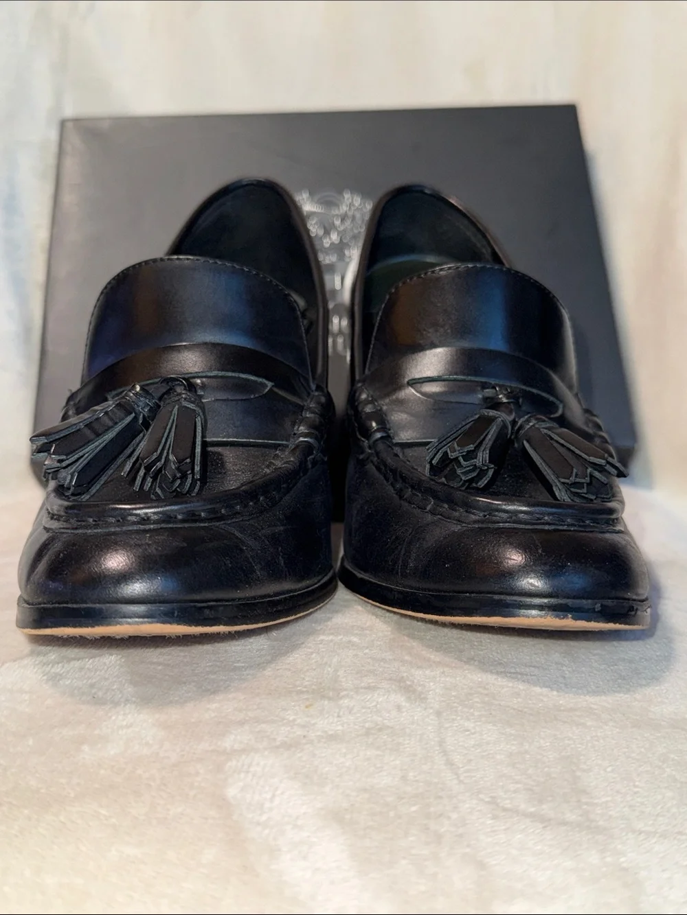 Vince Camuto Chelivia Black Leather Tassel Block-Heel Loafers, Size 9